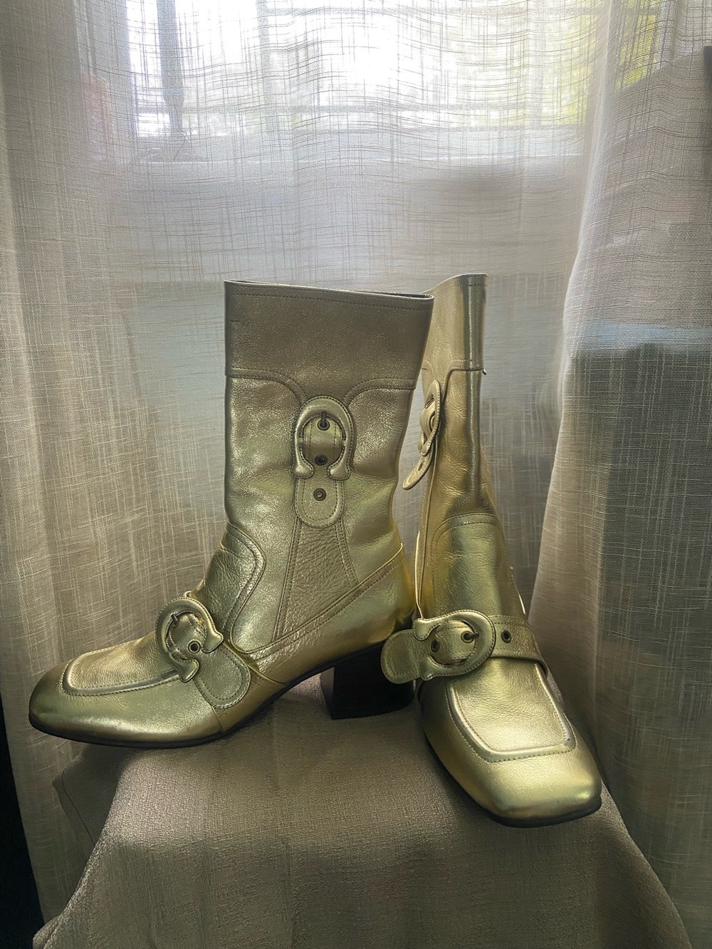 Coach Metallic Gold Leather Mid-Calf Boots with Buckle Accents